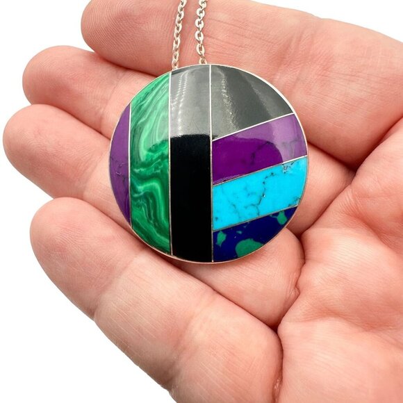 Mexico CII Womens Necklace Sterling Silver Multi Gemstone Inlay Pendant - Picture 5 of 5